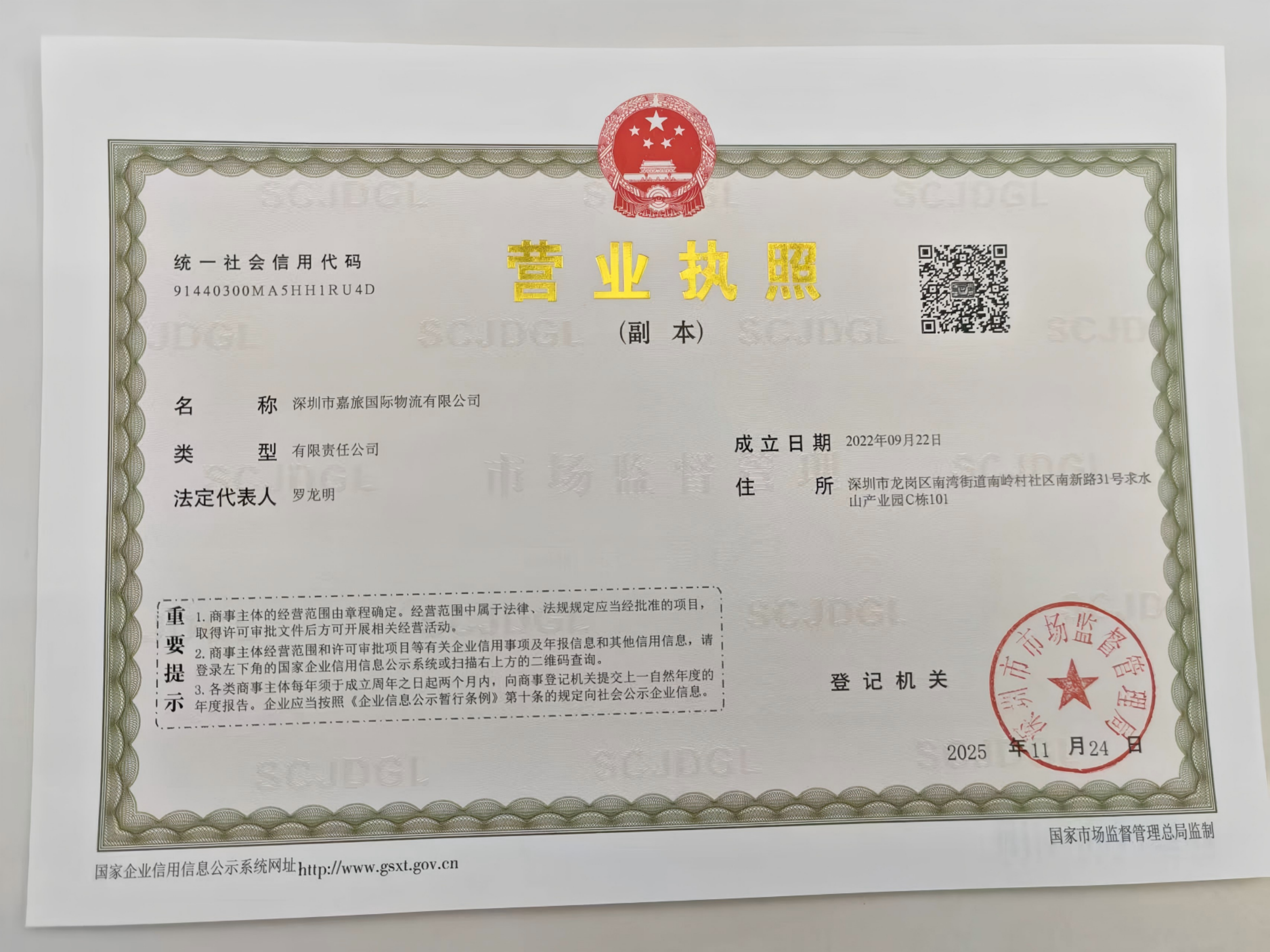 深圳市嘉旅国际物流有限公司营业执照副本